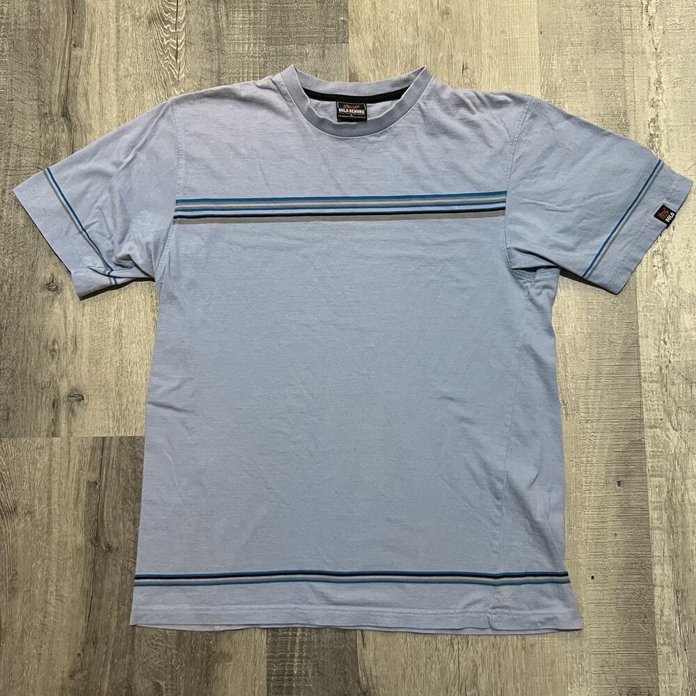 Vintage Solo Semore Blue Skater Sun Faded Striped Y2K Surf Hip Hop T Shirt Large